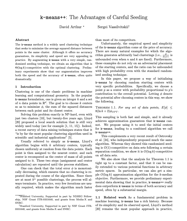 K-Means++ Advantages of Careful Seeding by David Arthur & Sergei Vassilvitskii